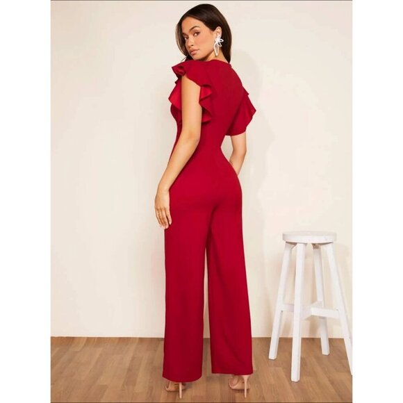 ruffle sleeve v neck jumpsuit red - Picture 2 of 3